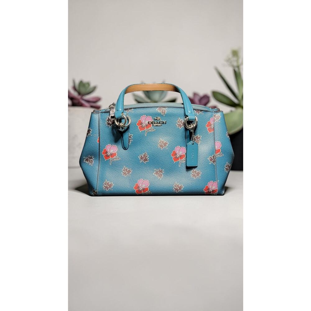 Coach Blue Floral Print Leather Mini Satchel Top Handle Bag